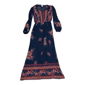 Xhilaration Blue and Pink V-Neck Maxi Dress with Bishop Sleeves